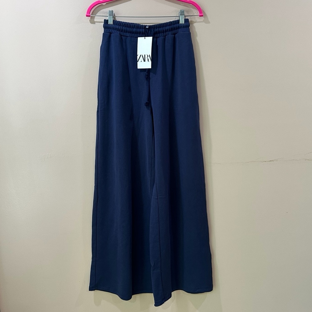 NWT Zara Navy Blue Wide Leg Pants Elastic Waist Flowy Palazzo Trousers Women S